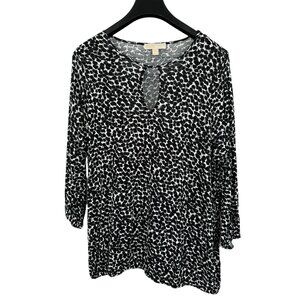 Michael Kors Womens 1X Animal Print Top Long Sleeve Viscose Blouse Black & White